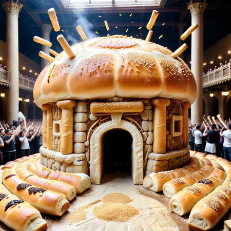 a battle arena built from crusted bun segments, walls oozing filling with every impact, soft bread columns collapsing into fluff, fighters wearing armor baked from savory crusts, crowd tossing sesame petals into the air, Buns