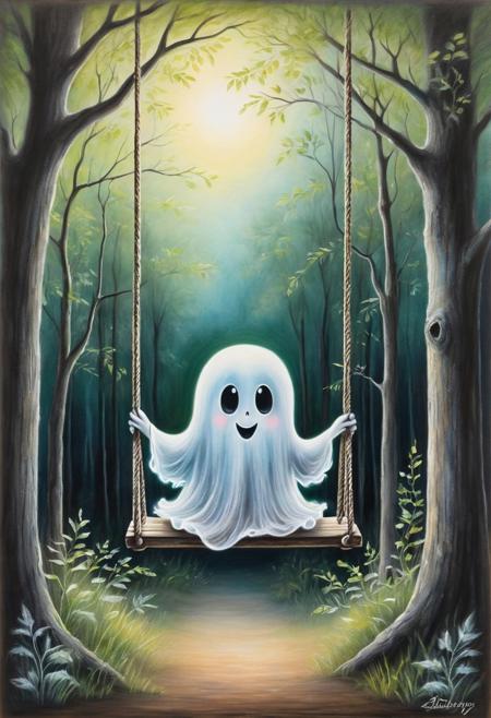 #pastel, #dry chalk drawing, #chalk on paper, #shading with chalk, #drawing with chalk, #drawing with colored chalk, #shading with chalk, 
"A whimsical scene of a small, translucent ghost gently swinging on an old wooden swing in a serene forest clearing. The ghost has a mischievous expression and is surrounded by lush greenery, tall trees, and a soft, diffused light filtering through the leaves. The swing is weathered and hanging from sturdy branches, adding to the enchanting atmosphere. The overall mood is one of playfulness and wonder, with a touch of nostalgia."