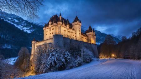 Proffesional Photography of a landscape,  (birds:0.1), Swiss Alps,  Moated  castle , In winter, very dark Night,  Deciduous forest, Cloudy, shallow depth of field detailed background,  HDR, sharp focus, RAW ultra realistic, 12k  <lora:add-detail-xl:1>