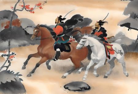 <lora:03realismPainting_Hap_XL:2.5>, , (ink-style, ink_wash_painting), samurai battle, oda clan, horses, Japanese quince, swallow tail butterfly