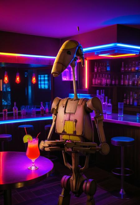 B1 droid in the evening at a bar table, sitting standing at the bar, preparing a cocktail, bar background with neon light all around, Interior Photography <lora:B1 Droid v1.0:1>
