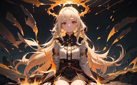 (best quality, masterpiece), (1girl, solo,brown robe, expression face, looking away, sitting, wide sleeves, black eyes, closed mouth, long hair, upper body), (night sky at cave entrance , light rising from the bottom, inside Cave, floating glowing bunch of yellow particles, burning fire at hand, floating many small fires),