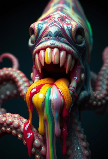 teeth, brains, splooge, goober, inverted neon rainbow drip paint, trending on art station, photoreal, 8 k, octane render by greg rutkowski,  cthulhu, fish, squid, octopus, tentacle, blood, guts, spit, spittle phlegm, nightmare, scary, killer, ooze, ripped flesh  covered in scales, made of scales