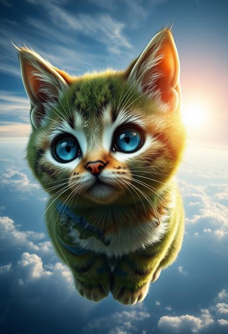 "Hyper-realistic depiction of a kitten crafted entirely from the planet Earth, with continents, oceans, and cloud formations forming its adorable features. The kitten's fur is composed of lush green forests, rolling hills, and vast deserts, while its eyes are two shimmering oceans. The nose is a tiny mountain range, and the whiskers are wispy cirrus clouds. The kitten's body is a perfect miniature replica of the Earth's geography, complete with tiny islands and sea currents. Floating mid-air next to the kitten is the sun, shining brightly and casting a warm glow on the feline's terrestrial form. The sun's rays illuminate the kitten's features, highlighting the textures and patterns of the Earth's surface. Style: extremely detailed, hyper-realistic, and photorealistic, with a focus on capturing the intricate textures and patterns of the Earth's surface and the kitten's adorable expression."