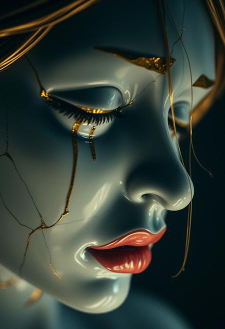 Closeup of a Cracked Porcelain woman crying, face, gold hair, kintsugi, cracks repaired with gold, golden tears, surrealistic, dark background, dramatic light