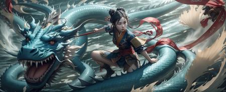 very wide shot, dynamic angle, from above,Chinese mythology, (1girl,chinese girl  fighting:1.2 at white chinese-dragon),(bun,black hair,Long red ribbon,chinese clothes),dynamic  pose, (solo:1.2),in ocean, clouds,Cinematic Lighting,Accent Lighting,dramatic_shadow,ray_tracing,film still,xianxia style, <lora:xianxia_lorav10:1:Style>