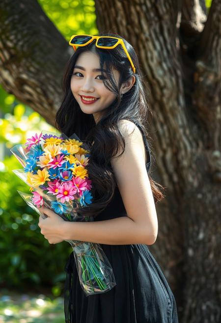 DSLR-style, glamorous, elegant 26-year-old Korean model, extremely pale skin with natural texture.  parted lips, masterpiece, ultra high-res  
<lora:NOOB_vp1_detailer_by_volnovik_v1:1>
barely visible pores, subtle skin texture variation, translucent skin tone, full body. 
A young woman with long, wavy dark hair, partially pulled back with bright yellow sunglasses perched on her head, smiles warmly over her shoulder towards the viewer. She is holding a vibrant bouquet of artificial flowers in a clear wrapping, the blossoms displaying a striking gradient of colors including pink, blue, yellow, and white. She wears a dark, sleeveless top and a dark, flowing skirt that reveals a hint of her midriff. Her skin tone appears light, and she has delicate features with subtle makeup enhancing her eyes and lips. She stands outdoors next to a mature tree with textured bark and lush green foliage visible in the background, suggesting a garden or park-like setting. The lighting is bright and natural, casting soft shadows. The overall mood is cheerful and relaxed, hinting at a pleasant, sunny day. The focus is sharp on the woman and the flowers, with the background slightly blurred, drawing attention to the subject. The composition captures a casual yet stylish moment.
