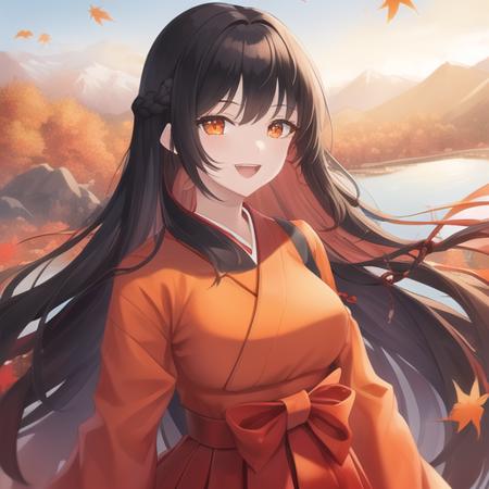 (pupillary:1.3), (masterpiece:1.05), (best quality:1.05), (high quality:1.05), 1girl, solo, young, miko clothing, (red hakama:1.05), long hair, black hair, orange eyes, leaves, maple, babbling stream, (mountain:1.05), wind, smile, open mouth,