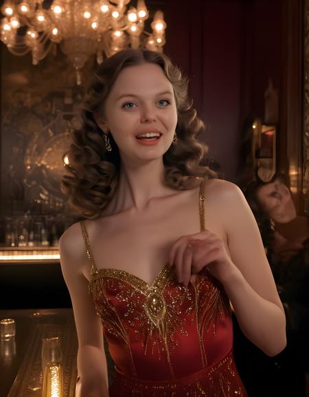 In a dimly lit, vintage-inspired speakeasy nestled within the heart of New York City's Lower East Side, D374N3Y, a radiant woman with a captivating smile, her blue eyes sparkling with joy, is elegantly posed against the backdrop of an ornate, art deco bar. Her long, wavy brown hair cascades down her shoulders, catching the soft, warm glow of the candles scattered across the room. She dons a one-of-a-kind outfit consisting of a vibrant red satin dress adorned with golden sequins and intricate beadwork, complementing her fair complexion. The camera captures this moment from a low angle, emphasizing the depth of her expressive eyes and the playful curl of her lips as she sips from a champagne flute, emanating an air of timeless glamour and effortless sophistication.