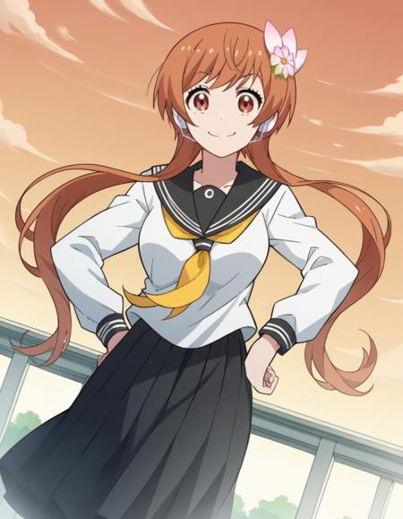 marika tachibana, long hair, brown hair, hair ornament, brown eyes, flower, sidelocks, hair flower, short hair with long locks, medium breasts skirt, long sleeves, school uniform, serafuku, black skirt,