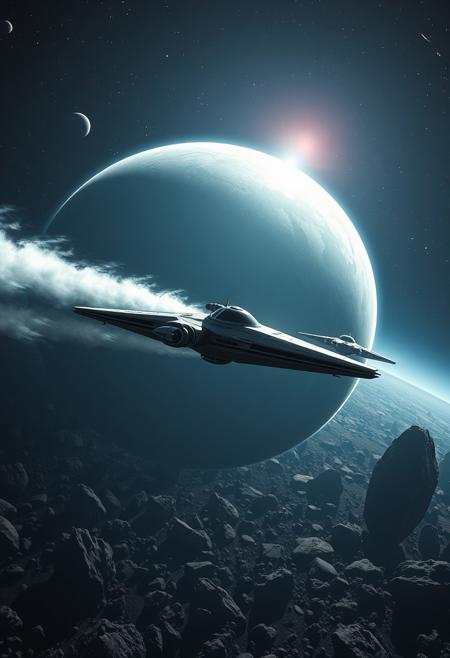 realism, space in which a spaceship flies leaving a plume behind it, a planet against the background of an asteroid field, soft light, contrast, the ship flies to a huge station, source star wars