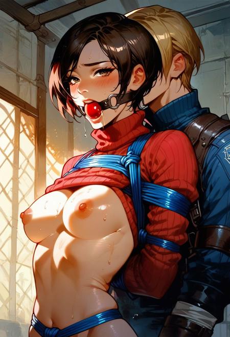 score_9, score_8_up, score_8. 1boy, Leon S. Kennedy, brown hair, blue eyes, close up, upper body, standing behind female, hugging female from behind,
 BREAK
1girl, asian female, adasweater, black hair, short hair, black eyes, red sweater, turtleneck,   HDA_ShibariXL,