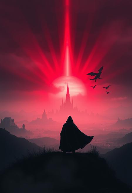 n1ghtm@r3, strange city in the distance, light rays, cape, landscape, fog, red theme, monster silhouette in background, flying beasts. stormy weather