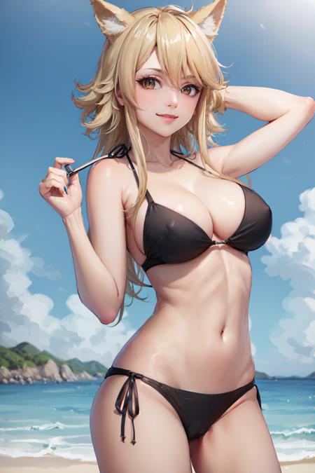 (masterpiece, best quality:1.2), <lora:agk_leone-10:0.8>, cowboy shot, solo, 1girl, leone, smile, looking at viewer, hand in own hair, animal ears, black bikini, front-tie bikini top, large breasts, beach