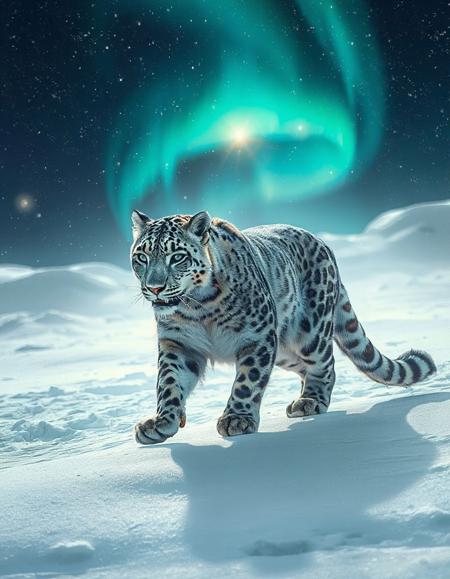 masterpiece,best quality, A majestic snow leopard strides gracefully across a pristine snowy landscape, its fur glistening in the soft moonlight. The scene is captured in a Cinematic Still-Shot, emphasizing the silent, powerful grace of the animal. The image is rendered in the style of a Digital Painting with hyperrealistic detail, including the intricate patterns of the leopard's fur and the sparkling snowflakes. The mood is serene and awe-inspiring, with a luminous aurora borealis illuminating the night sky in the background, adding a magical touch to the winter wonderland. center composition, symmetry composition, Fine art photography style NurLens