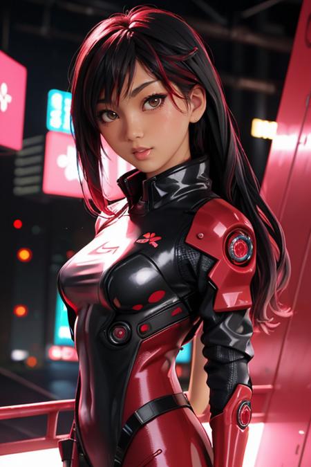 s40r1h,1girl, face closeup, red bodysuit. looking at viewer,cyberpunk, futuristic city in background <lora:s40r1h-000002:1>