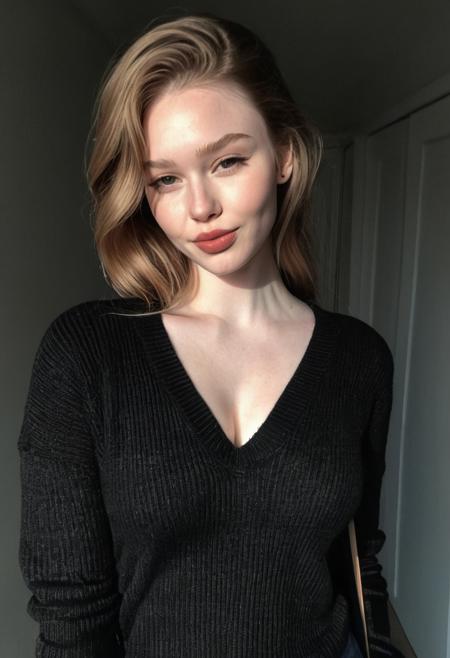 instagram photo, photo of 23 y.o Chloe in black sweater, cleavage, pale skin, (smile:0.4), hard shadows  <lora:Dlips_SDXL_SHS:1> dlips
