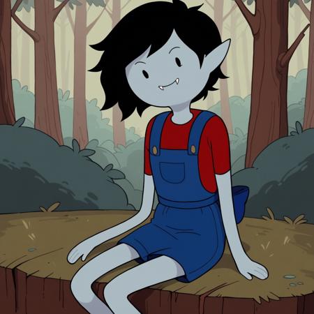 marci grey skin, black hair, short hair, dot eyes, fangs, pointy ears red shirt, blue overalls, skirt,