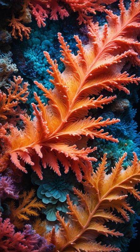High-resolution macro photography of a fantastical sea creatureâs skin, resembling a living coral reef, with vibrant colors and textures tightly framed to emphasize its otherworldly nature.