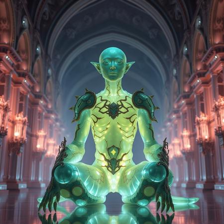 Masterpiece 4 protozoa/humanoid, bioluminescence translucent  body, with no ears and no nose, 32k, 16k, 8k, masterpiece, cinematic art, Kaiju bioluminescence translucent armor, sitting in a bioluminescence translucent cathedral,