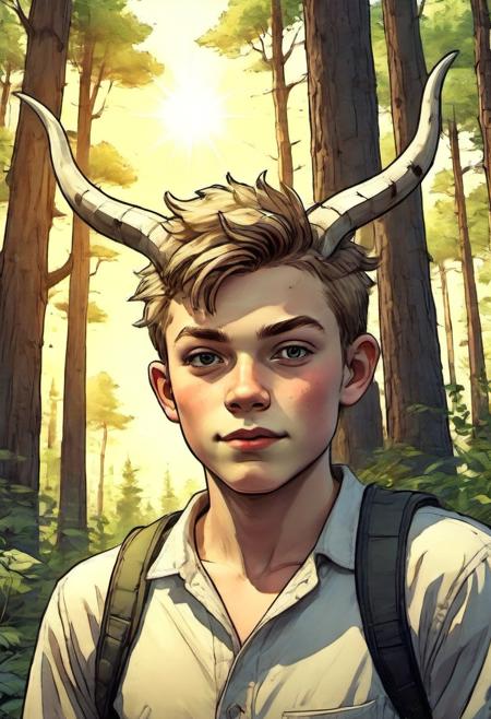 a closeup finnish teen boy with two ivory horns on his head in a scrub forest at high noon sun-rays filter through the canopy of leaves above