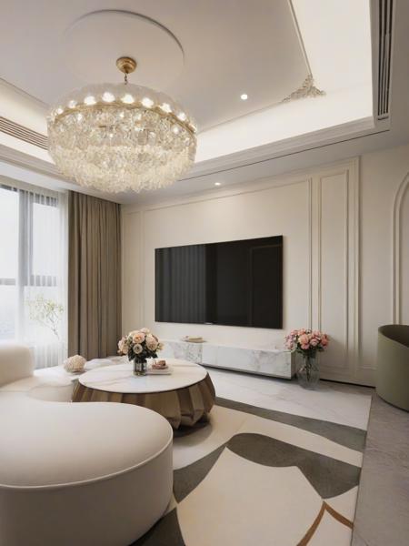 <lora:JJsCreamStyle_XL:1>, ((Cream Style)), ((masterpiece)), ((best quality)), scenery, real world location, realistic, high detailed,, soft lighting,  (indoor) , no human,  window, sofa, ceiling light, carpet,tv, curtain, coach, table, marble, glass, flower,