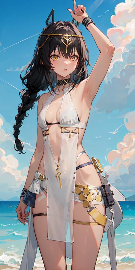 mauxir, white_revealing_clothes, pelvic_curtain, around_waist, headgear, hair_ornament, thigh_strap, arm_strap, choker, jewelry, see-through, glove, toeless_footwear, yellow_eyes, black_hair, twins_braid