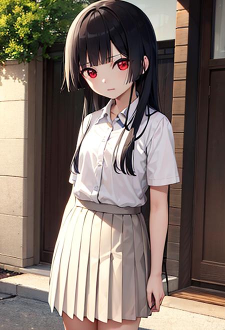 enma_ai,  1girl, solo,   <lora:em_ai_v1-000008:1>
(8k, RAW photo, best quality, masterpiece:1.2)
masterpiece, best quality, ultra-detailed, 1girl, white shirt, pleated skirt, standing, outdoors