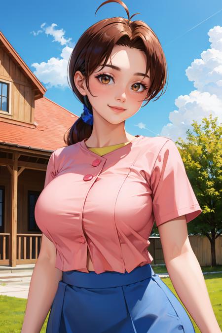 masterpiece, best quality, <lora:pkmndelia-nvwls-v1-000009:0.9> pkmnDelia, ponytail, pink shirt, blue skirt, smile, upper body, large breasts, house, blue sky, clouds, lawn, looking at viewer