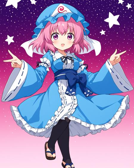 saigyouji yuyuko,1girl, triangular_headpiece, solo, wide_sleeves, open_mouth, pink_background, long_sleeves, star_\(symbol\), blue_kimono, mob_cap, obi, black_thighhighs, full_body, ^_^, blush, floral_print, :d, index_finger_raised, medium_breasts, twitter_username, polka_dot_background, veil, neck_ribbon, pointing, frilled_kimono, sandals, starry_background, blue_sash, blue_headwear, ribbon-trimmed_collar
<lora:saigyouji_yuyuko_image6716_2023-12-14:1>,star-shaped_pupils,symbol-shaped_pupils,. gorgeous,key visual, vibrant, studio anime,award-winning, professional, highly detailed,high budget, cinemascope