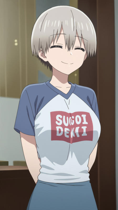 uzaki uzaki, an anime girl, 1girl, solo, breasts, smile, short hair, skirt, large breasts, shirt, hair between eyes, closed mouth, collarbone, grey hair, arms behind back, clothes writing, facing viewer, raglan sleeves, romaji text, uzaki, an anime girl, 1girl, solo, breasts, short hair, open mouth, blue eyes, large breasts, gloves, ribbon, hair between eyes, grey hair, alternate costume, black gloves, fang, fingerless gloves, apron, maid, maid headdress, pointing, white apron,  uzaki, an anime girl, 1girl, solo, breasts, smile, short hair, bangs, blue eyes, large breasts, navel, cleavage, hair between eyes, bare shoulders, sitting, closed mouth, collarbone, swimsuit, full body, grey hair, bikini, barefoot, striped, looking to the side, striped bikini,