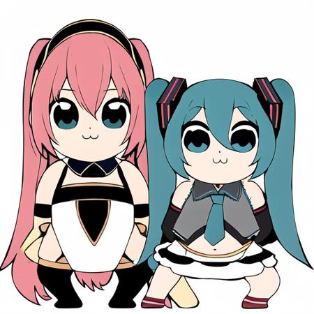 <lora:pptppose:0.8> 
chibi, 2girls, full body, looking at viewer, white simple background, arms behind back, hatsune miku, (megurine luka:1.1),