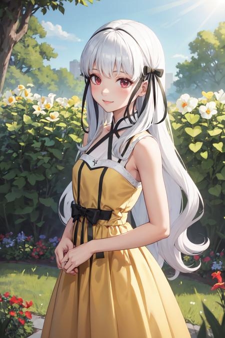 masterpiece, best quality, absurdres, 1girl, solo, SophiaAscart, long hair, hair ribbon, yellow sundress, garden, day, sunshine, smile, <lora:SophiaAscart:0.8>