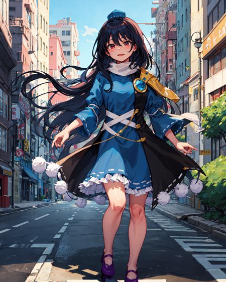 Iizunamaru Megumu, blue tokin hat, white circle scarf, blue dress, golden pauldron, black cape, pom pom (clothes), purple tengu-geta, city, buildings, road
 <lora:Iizunamaru_Megumu_v2.0:0.8>