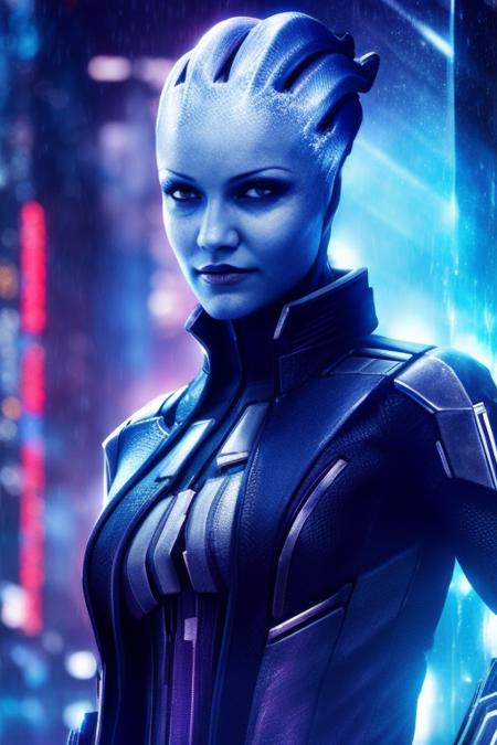 woman, asari, close up, action pose, sci-fi complex clothes, cyberpunk, blue_skin, cyberpunk warehouse, rain, looking into the camera, hair flying, (anime), (illustration), cartoon, detailed