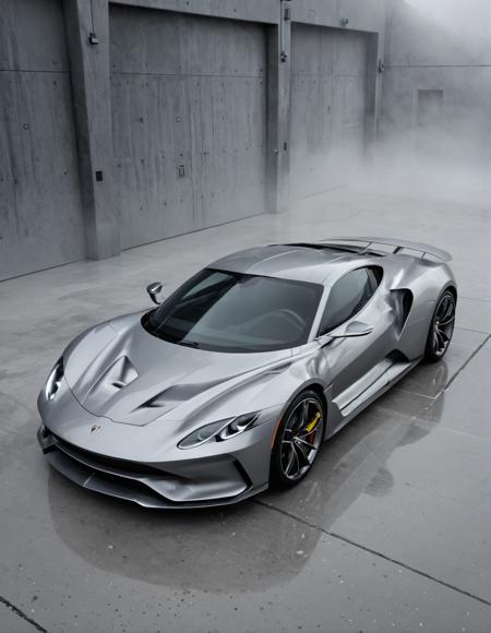 ethereal fantasy concept art of  <lora:Zoom_Cars:1>,Cornelisz Hendriksz Vroom,, a silver sports car parked on a concrete floor in a garage with foggy background and a black and white photo [21], . magnificent, celestial, ethereal, painterly, epic, majestic, magical, fantasy art, cover art, dreamy