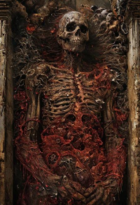 God of Death in the cage, rage, beast, dead of cyborg corpses piled up and rotting in a crypt, 
no humanity, aura of necromancy, horror, darkness, fear, mysterious,
fractal art, dark art, 
Impromptu dissection was performed under less-than-optimal lighting conditions,
best quality, masterpiece, detailed, intricate details, epic, cinematic, realism, photorealism, uhd