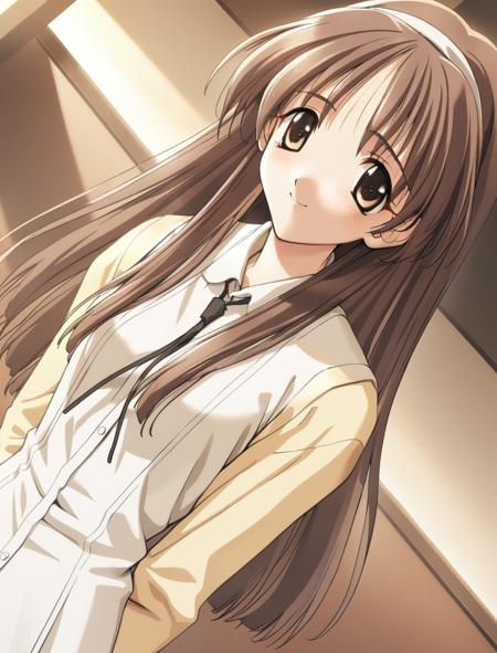 1girl,ayaka hizuki, white dress, pale yellow long-sleeve, slim black tie, hairband, solo, smile, dutch angle,masterpiece,best quality,game cg,<lora:AyakaHizukiXL:1>,