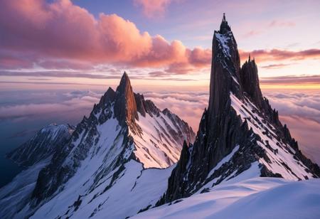 A cinematic wide shot photography of the view On a jagged peak surrounded by a sea of swirling clouds where sharp stone spires pierce the sky. At winter dawn, rosy light glints on frost-coated flakes, each breath hisses in frozen air, and the summit lies silent under fresh snow, masterpiece, best quality, amazing quality, very aesthetic, high resolution, ultra-detailed, absurdres, scenery, film grain, HDR, 8K, high contrast, realistic, cosplay, muted lithing, sharp focus, (chromatic aberration), fine details