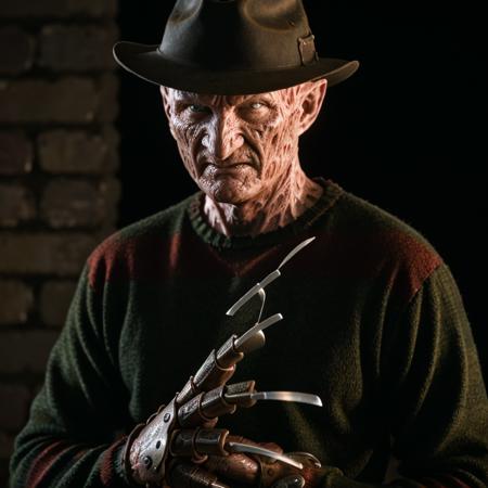 cinematic film still of  <lora:freddy krueger 1984 SD1.5:1.2>
Freddy Krueger a man in a hat and striped shirt from A Nightmare on Elm Street movie with glove made of knives, shallow depth of field, vignette, highly detailed, high budget, bokeh, cinemascope, moody, epic, gorgeous, film grain, grainy