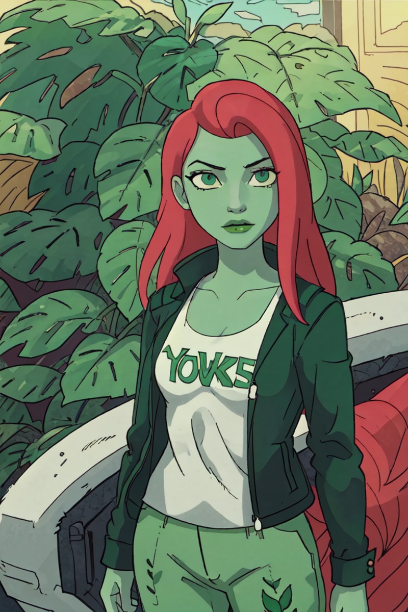 (poisonivy, Poison Ivy:1.0),  (side parted long red hair, green skin, green eyes, green lips), white tank top, black jacke...