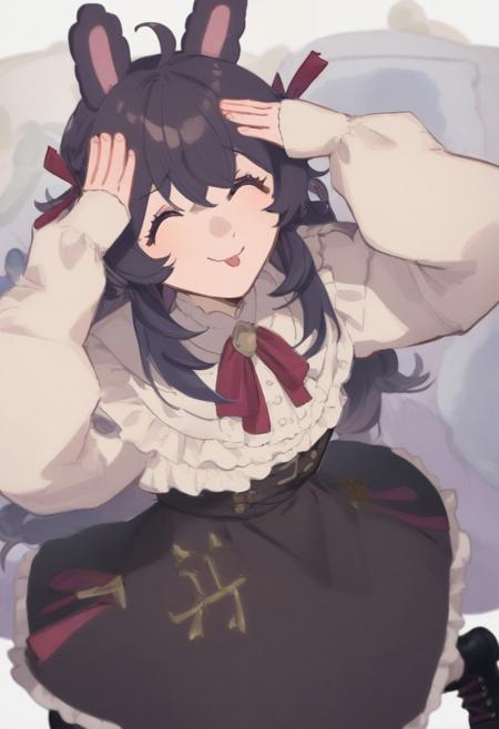 score_9, score_8_up, score_7_up, AhEtoBlehMeme, closed eyes, tongue out, :p, hands on own head, smile, PippaPipkin, long hair, braid, ahoge, hair ornament, hair bow, PippaAlt, purple eyes, black hair, long hair, braid, ahoge, hair ribbon, black pinafore dress, long puffy sleeves, red neck ribbon, frills, black boots