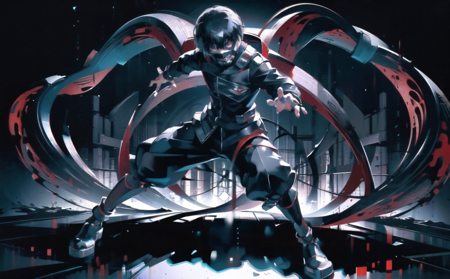 8k, anime, portrait, best quality, ultra high res, ultra detailed, black and red, high contrast color tone, extremely detailed lighting, cinematic lighting, soft lights, (masterpiece, high quality:1.4), (kaneki ken, black hair, white hair, red and black eye, mask | teeth, blood eyes, black clothes, scorpio tentacles),  <lora:epiNoiseoffset_v2:0.8>,  <lora:Kaneki_Ken-08:0.9>, blood, ((full body)), (dynamic pose), black background, thrilling, (fierce face)