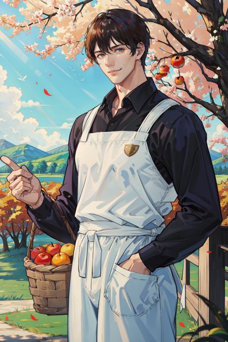 masterpiece, best quality, 1 male, adult, handsome, tall muscular guy, broad shoulders, finely detailed eyes and detailed face, extremely detailed CG unity 8k wallpaper, intricate details, autumn, farm, orchard, fruit trees, sunlight, warm scene, unformal casual clothes, old apron, leather jumpsuit, The man is smiling with a basket full of fruit, depth of field