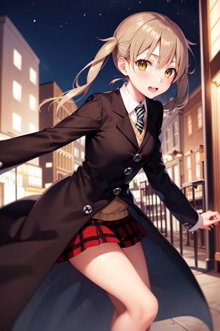 masterpiece, best_quality, 1girl, solo, maka albarn, soul eater, twintails, black coat, plaid skirt, city, night, dark