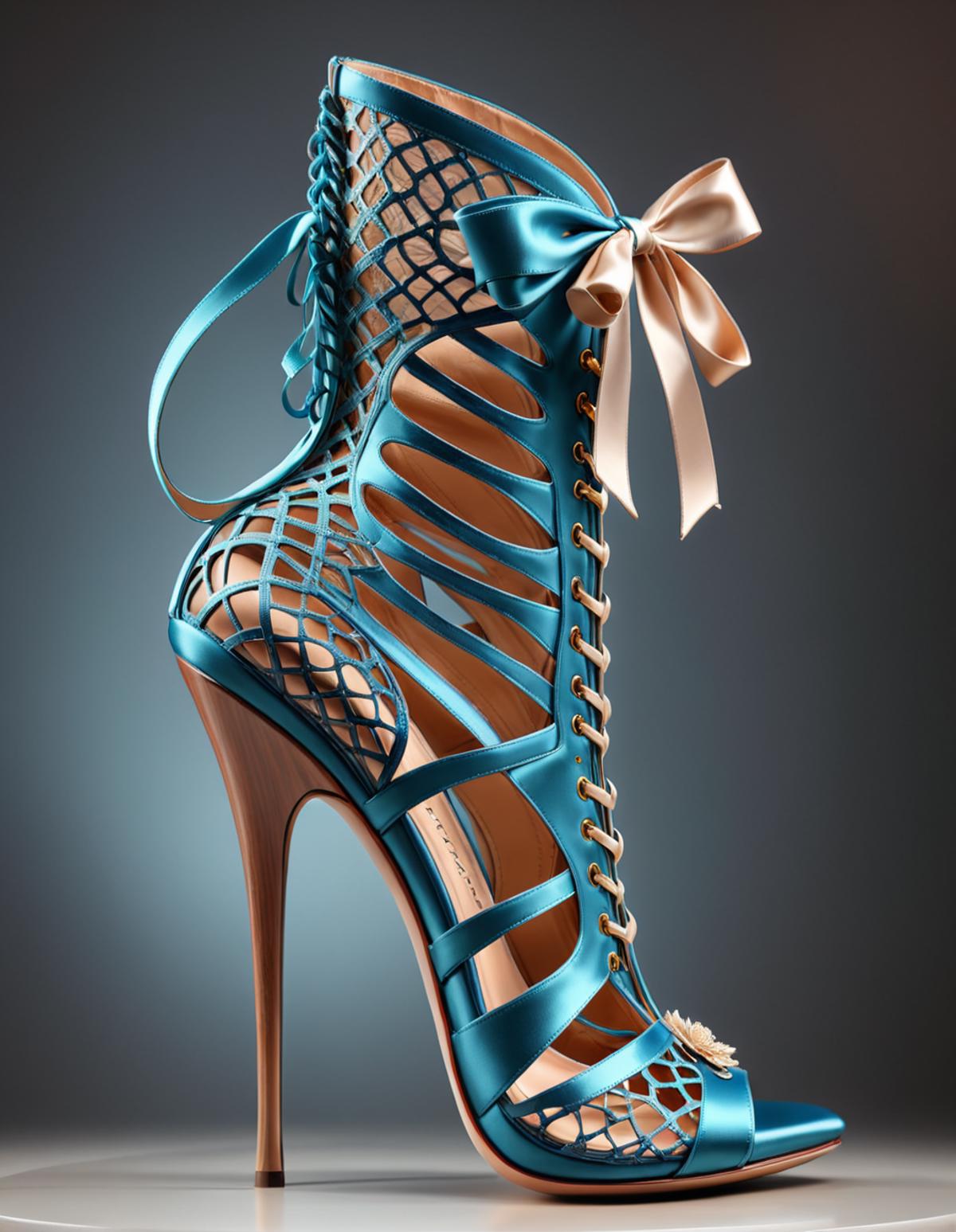 A high heeled shoe with blue and white laces and a bow.