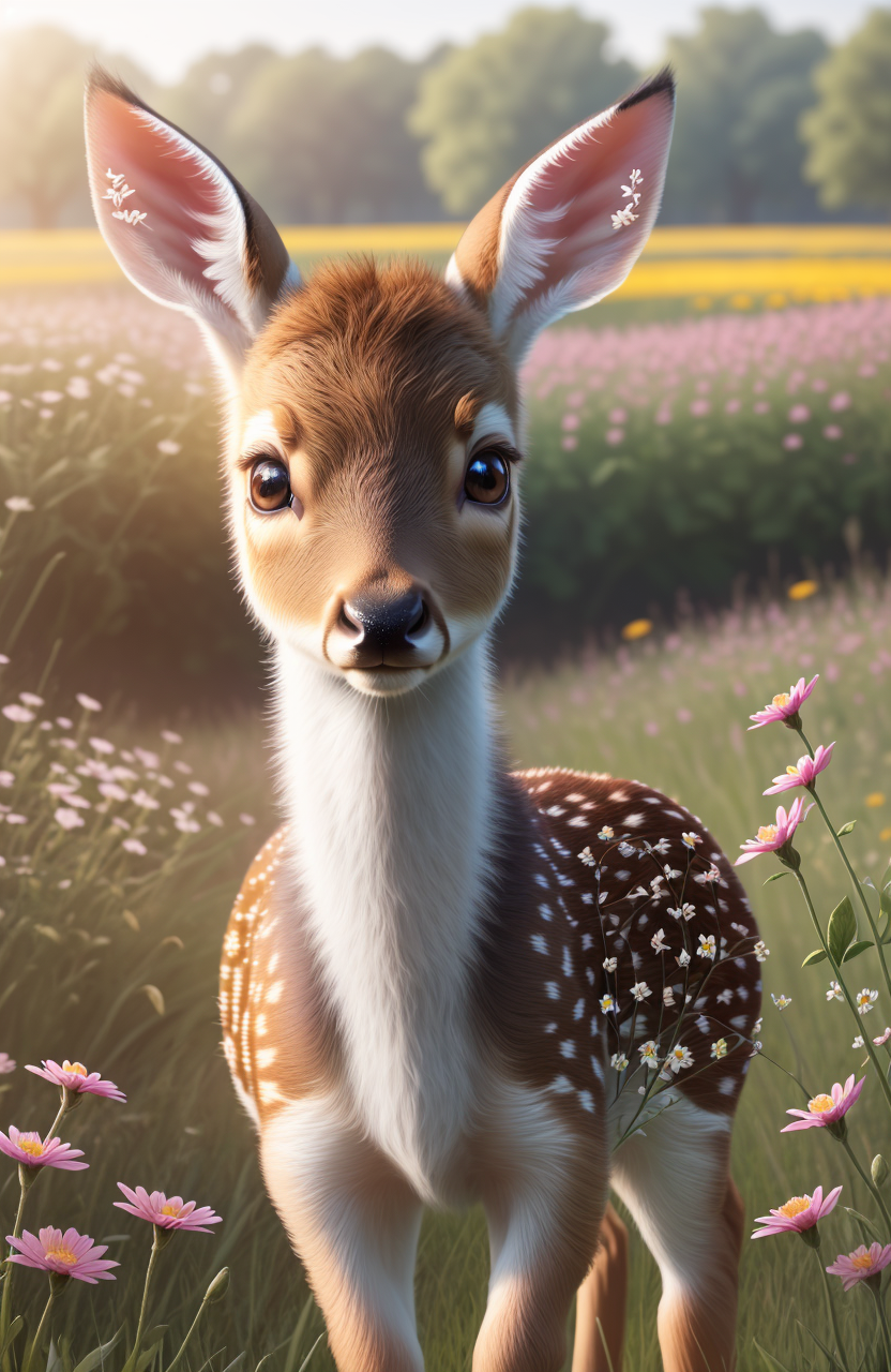 a drawing of a cute little baby deer surrounded by beautiful flowers in a meadow, 8k resolution concept art( intricate det...