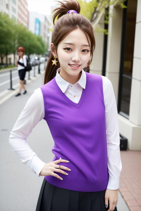 masterpiece, best quality, (kpop star:1.6), a smiling erin stout with a purple sweater vest looking at viewer, perfect face, beautiful, ponytail, purple sweater vest, white shirt, rolled up sleeves, black skirt, black pantyhose, standing <lora:erinstout-nvwls-v1:0.9>