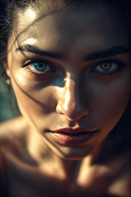 award winning professional photo, surreal upper body photo of a woman in a spectacular setting, ((split-tone lighting)), ((Zoom Blur effect)), (stunning eyes, one is amber and the other is blue), (detailed skin, skin pores, blemishes), ((dramatic shadow play), (cinematic lighting), shot on a Fujifilm X-T4 with a 50mm lens,