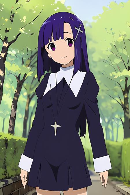 masterpiece, best quality, 1girl, from front, standing, smile, nature, reaching out
<lora:zange_kannagi-v4:0.9>, zange \(kannagi\), purple hair, cross hair ornament, zange clothes, black dress, cross necklace, long sleeves,